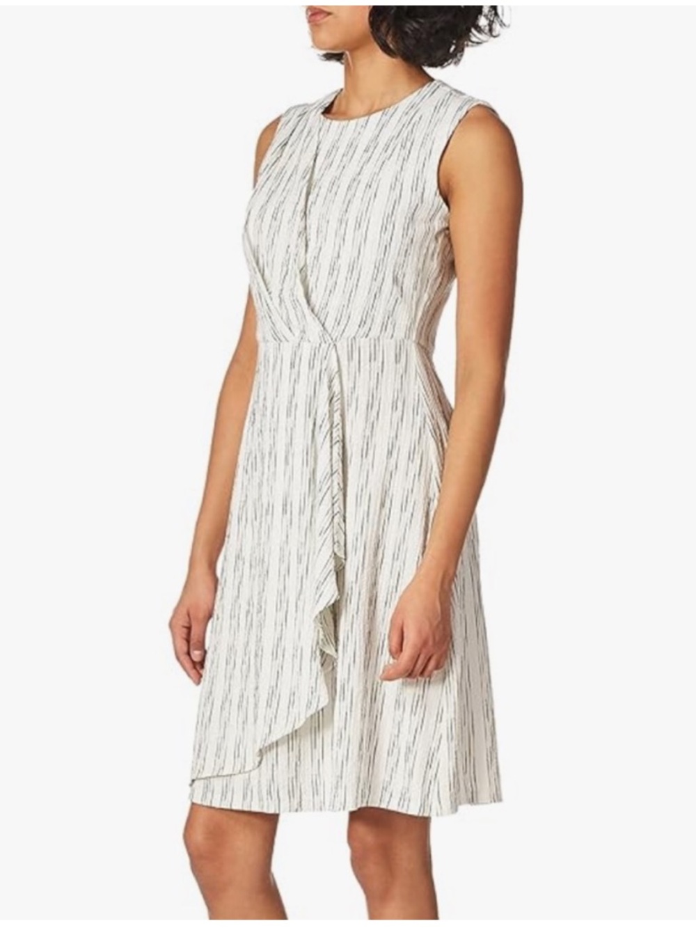 Calvin Klein Sleeveless Faux-Wrap Dress, white/black striped, knee-length, Size